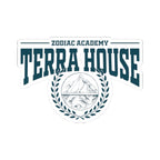 Zodiac Academy-themed Terra House sticker by thtgrlreads featuring a mountain emblem encircled by laurel leaves in a bold collegiate font, perfect for fans.