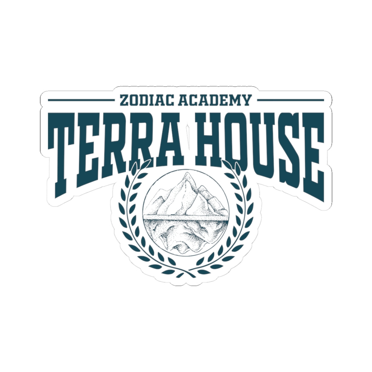 Zodiac Academy-themed Terra House sticker by thtgrlreads featuring a mountain emblem encircled by laurel leaves in a bold collegiate font, perfect for fans.
