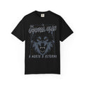 A black Comfort Colors graphic tee from thtgrlreads featuring a vintage-inspired print of a snarling wolf head and text referencing the Ruthless Boys of the Zodiac and Darkmore Penitentiary collections.