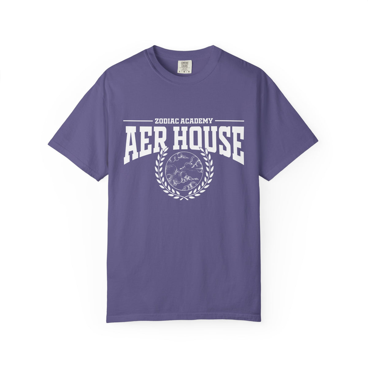 Zodiac Academy graphic comfort colors tee by thtgrlreads featuring vintage-style Aer House text and emblem, part of the official licensed Tees collection.