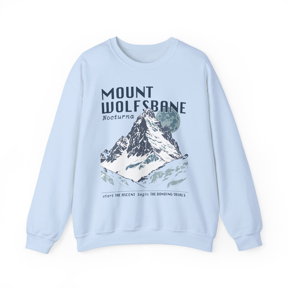 thtgrlreads Wolves of Ruin collection oversized crewneck sweatshirt in light blue with vintage-style mountain graphic and bold text, featuring premium Comfort Colors fabric.