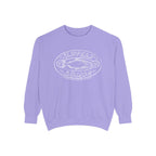 Zodiac Academy-themed oversized crewneck sweatshirt by thtgrlreads in lavender Comfort Colors fabric featuring a vintage-style white graphic of a slippery salmon and playful text from the Crewnecks collection.