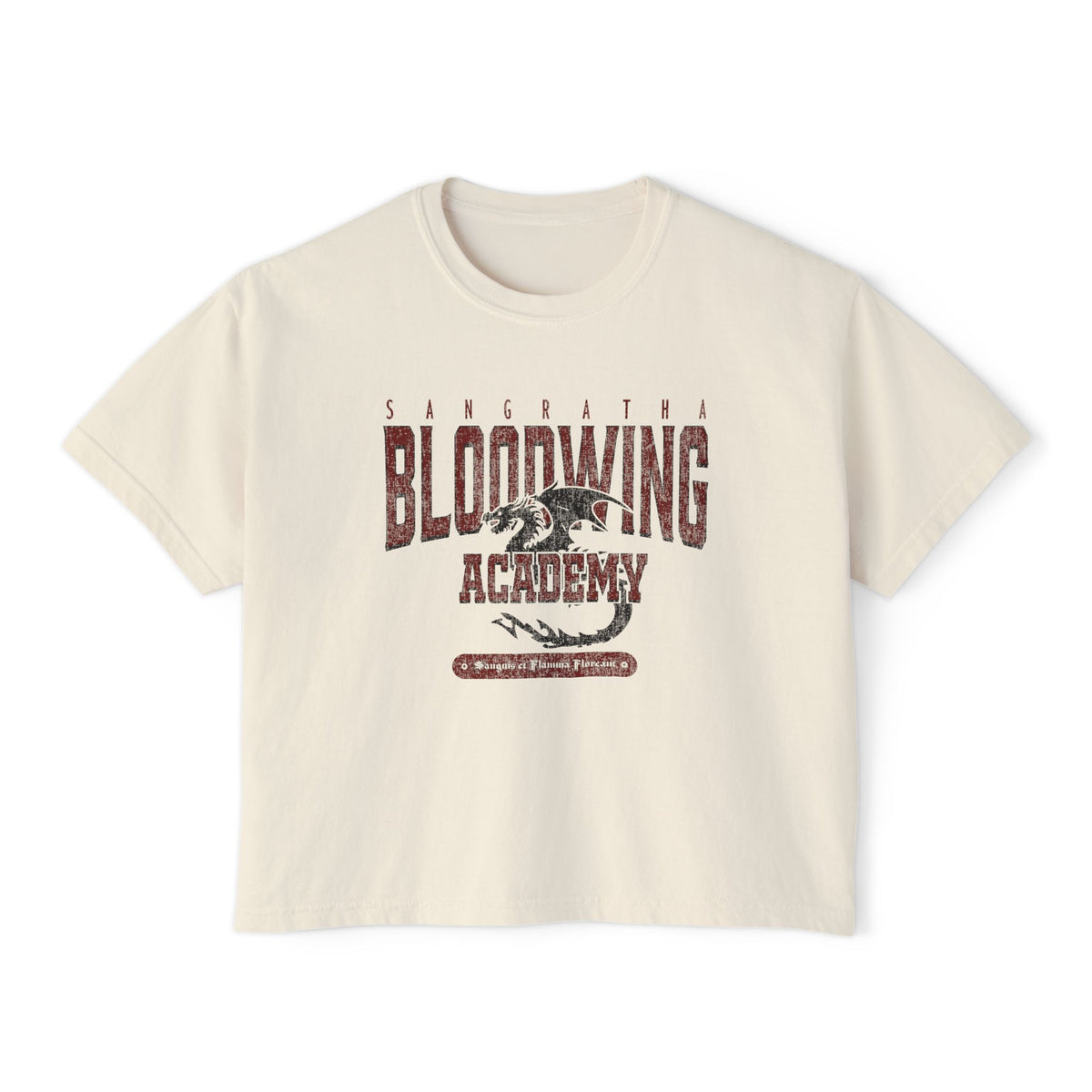 Bloodwing Academy crop top from thtgrlreads features a vintage wash Comfort Colors fabric with a distressed dragon graphic and bold Bloodwing Academy text, part of the Tees collection.