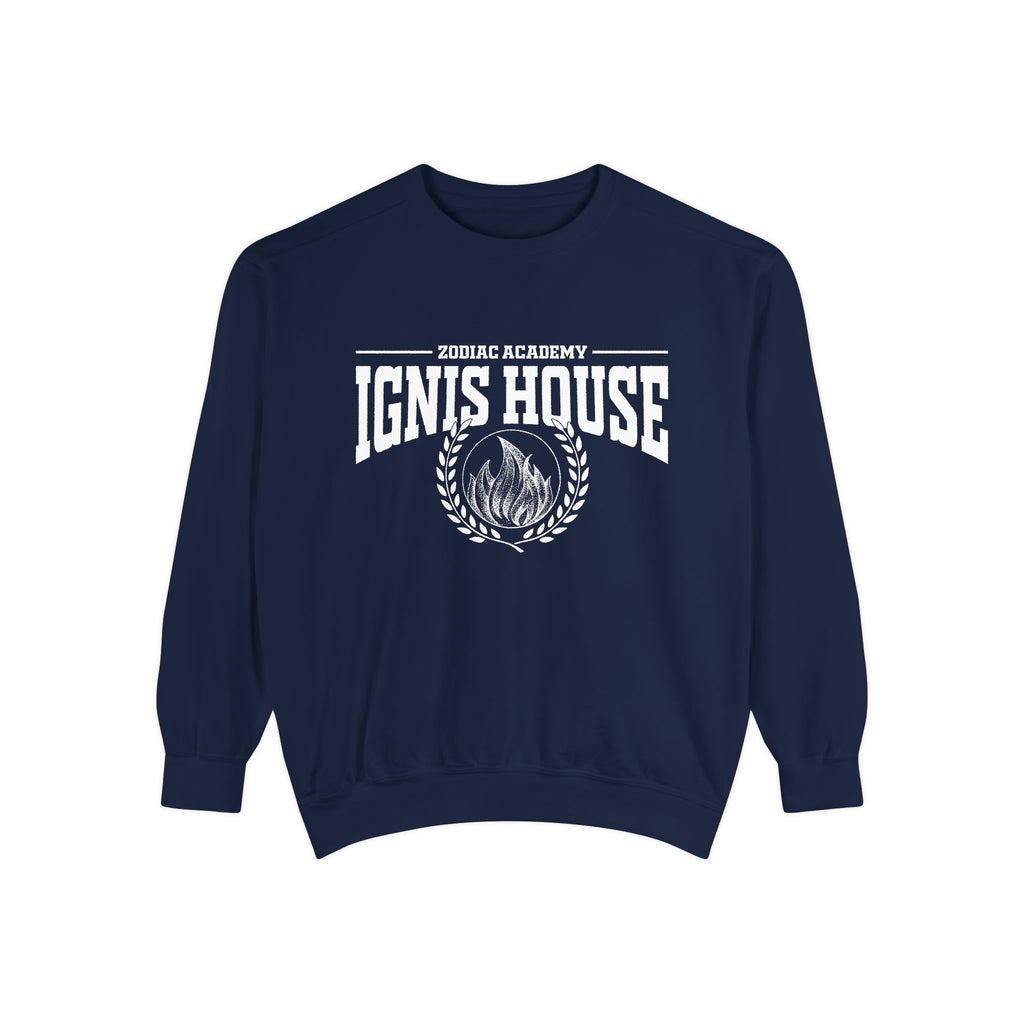 Zodiac Academy crewneck sweatshirt from thtgrlreads featuring a vintage wash navy Comfort Colors base with bold white printed text and flame emblem for cozy bookish style.