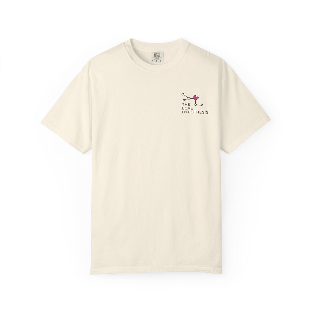 Cream The Love Hypothesis graphic tee with a small pink and black chest design, a Comfort Colors unisex cotton shirt from Thtgrlreads Ali Hazelwood collection