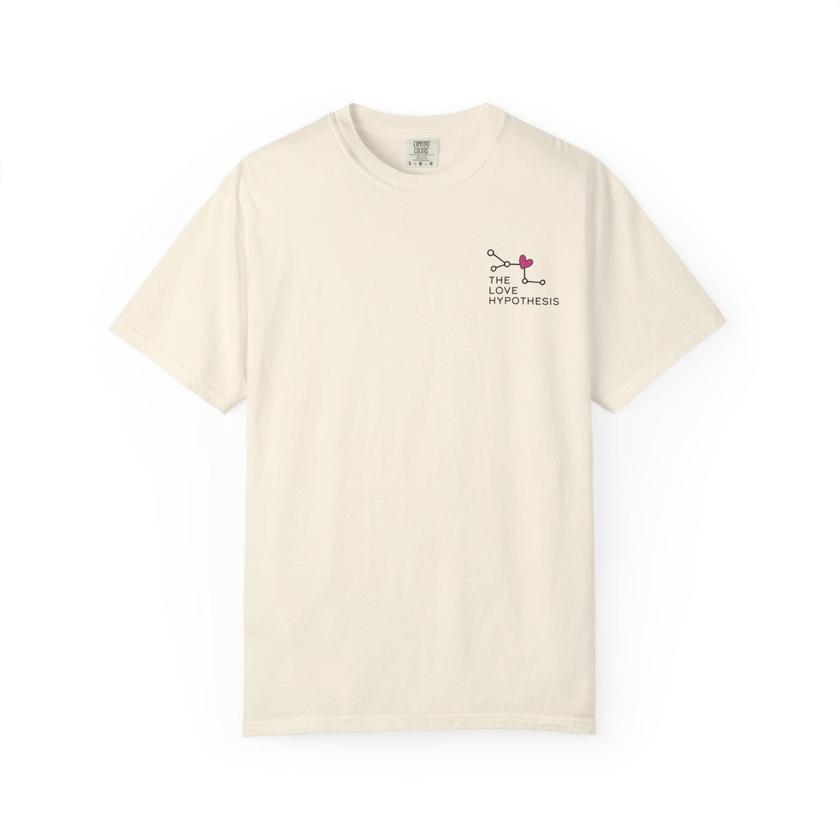 Cream The Love Hypothesis graphic tee with a small pink and black chest design, a Comfort Colors unisex cotton shirt from Thtgrlreads Ali Hazelwood collection