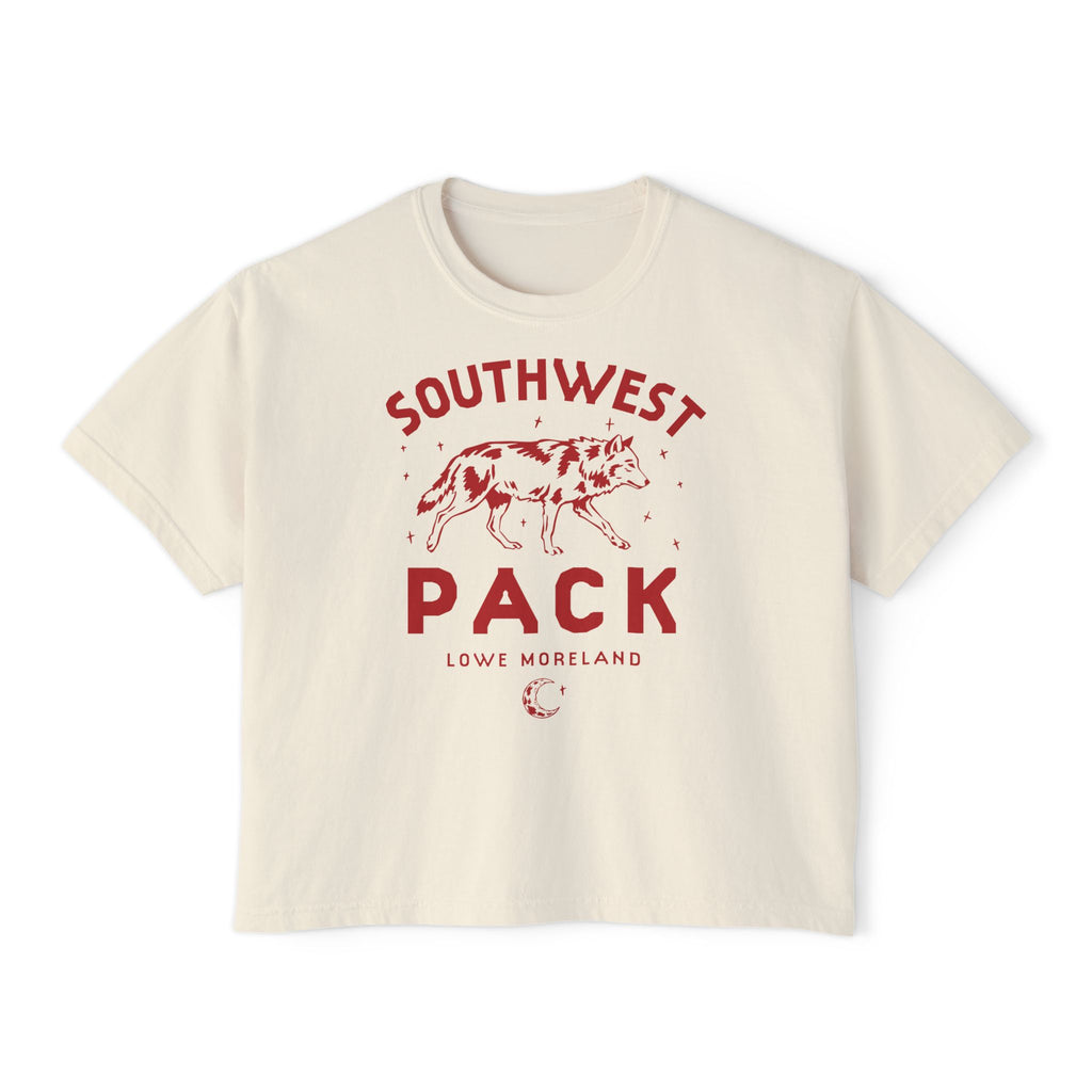 Cream cropped tee with a red Southwest Pack wolf graphic and Lowe Moreland text, from Thtgrlreads Ali Hazelwood Tees and licensed bookish apparel collection