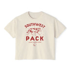 Cream cropped tee with a red Southwest Pack wolf graphic and Lowe Moreland text, from Thtgrlreads Ali Hazelwood Tees and licensed bookish apparel collection