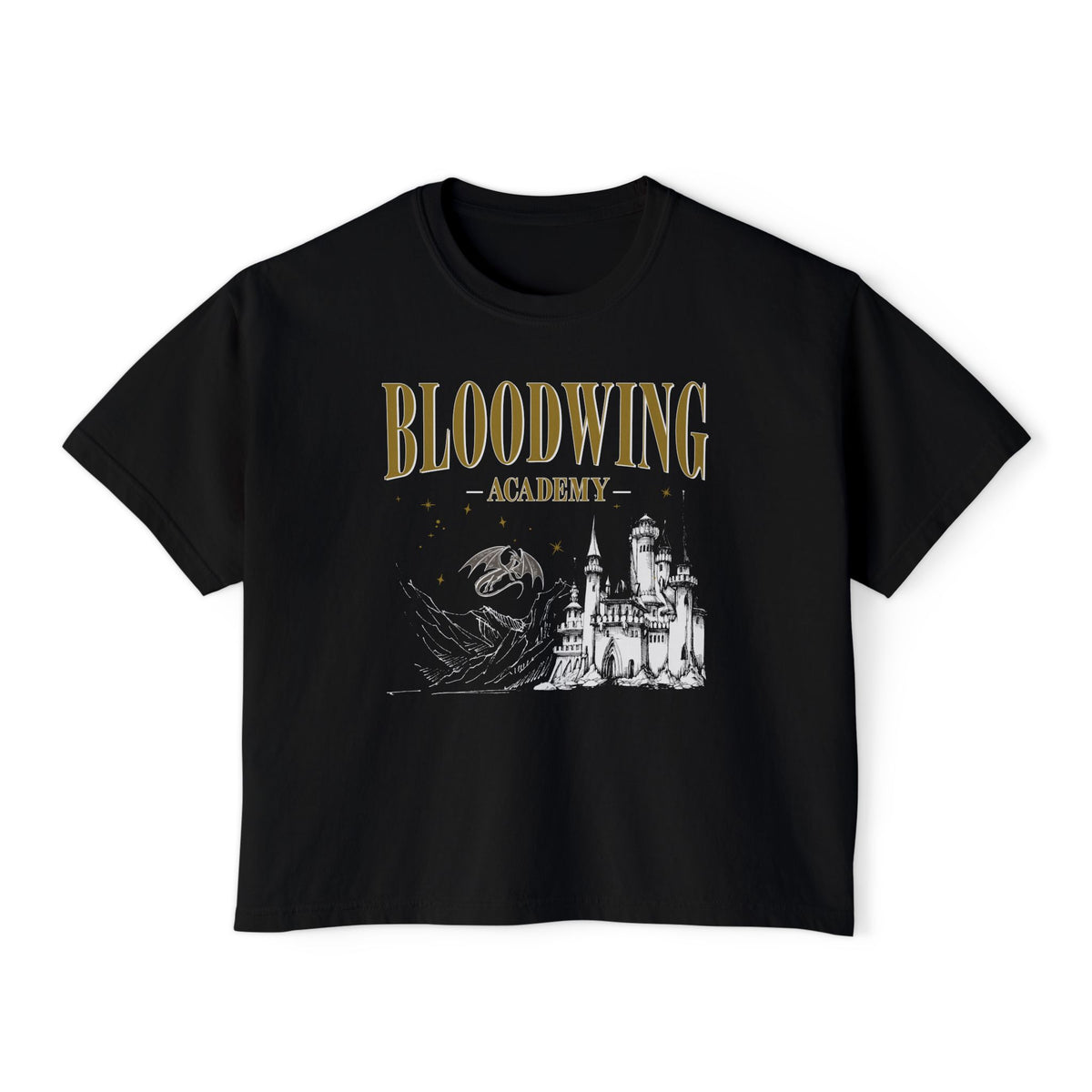 Black vintage-wash Comfort Colors crop top from thtgrlreads featuring Bloodwing Academy gothic script print and detailed castle graphic, part of official Bloodwing Academy tees.