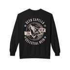 A Zodiac Academy crewneck sweatshirt from thtgrlreads featuring a vintage-wash black Comfort Colors base with a bold graphic of a howling wolf, celestial motifs, and stylized text.
