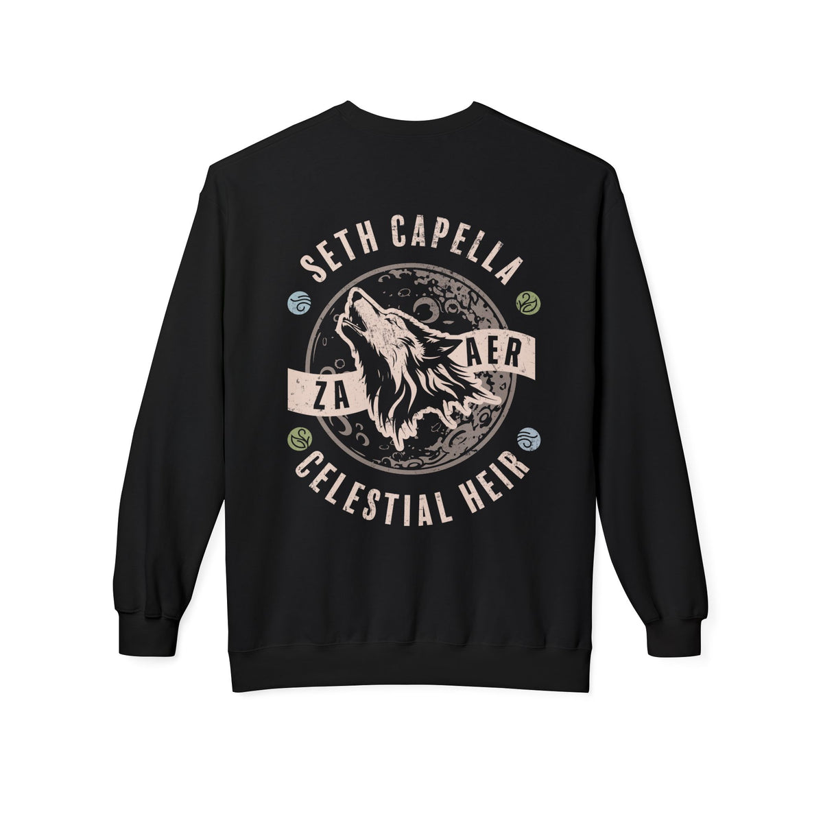 A Zodiac Academy crewneck sweatshirt from thtgrlreads featuring a vintage-wash black Comfort Colors base with a bold graphic of a howling wolf, celestial motifs, and stylized text.