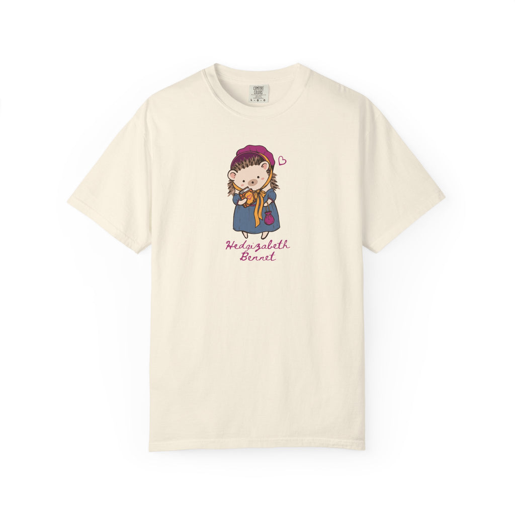 Cream Comfort Colors tee featuring a whimsical Hedgizabeth Bennet character graphic and pink lettering, from Thtgrlreads Ali Hazelwood bookish tees.