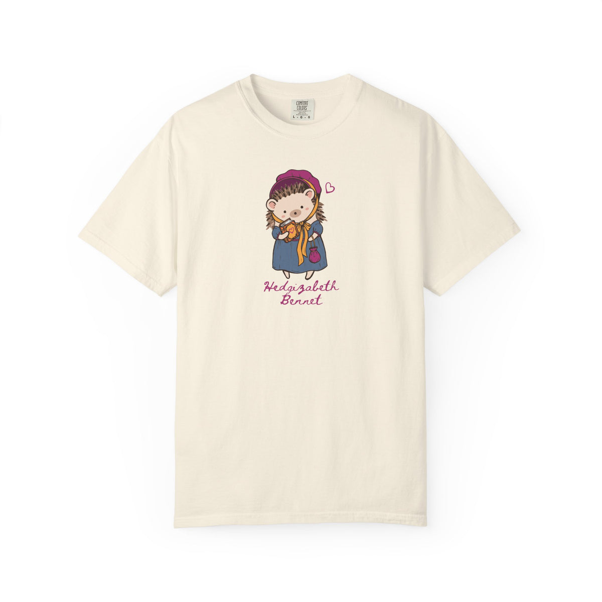 Cream Comfort Colors tee featuring a whimsical Hedgizabeth Bennet character graphic and pink lettering, from Thtgrlreads Ali Hazelwood bookish tees.