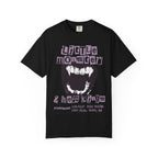 Thtgrlreads Ruthless Boys of the Zodiac collection black Comfort Colors graphic tee featuring vintage washed fabric and a bold distressed print with the phrase "Little Monster & Heart Kings" in gothic style lettering.