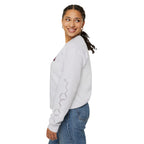Woman wearing a light gray Jack Smith Turner crewneck with subtle geometric sleeve artwork Ali Hazelwood merch from Thtgrlreads Crewnecks collection