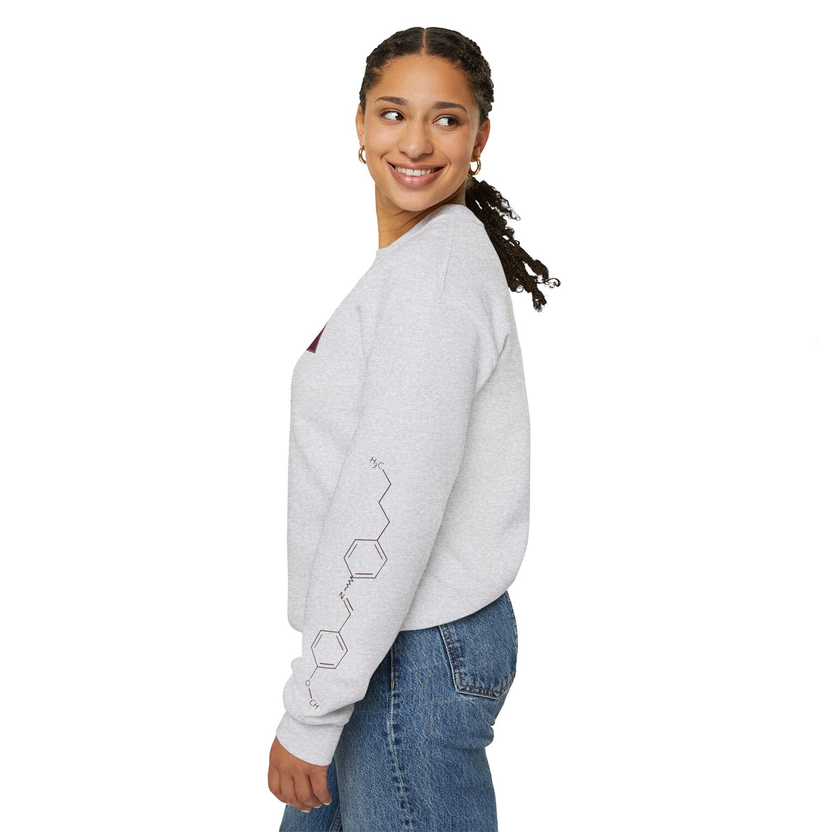 Woman wearing a light gray Jack Smith Turner crewneck with subtle geometric sleeve artwork Ali Hazelwood merch from Thtgrlreads Crewnecks collection