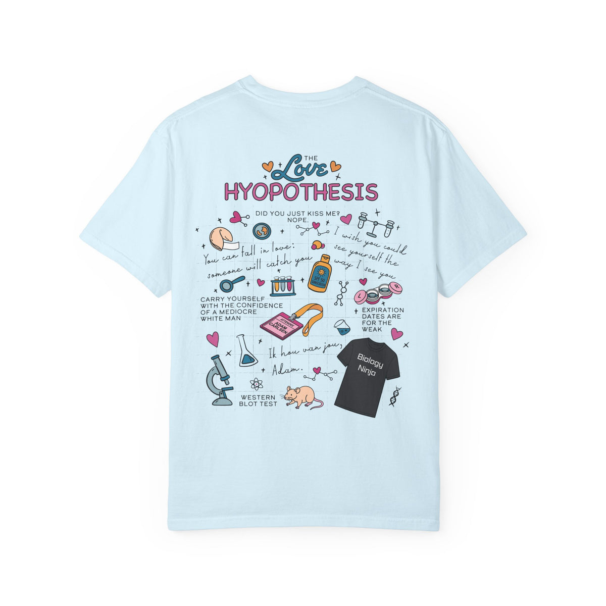 Light blue Comfort Colors graphic tee featuring The Love Hypothesis science doodle design, Ali Hazelwood bookish apparel by Thtgrlreads in the Tees collection
