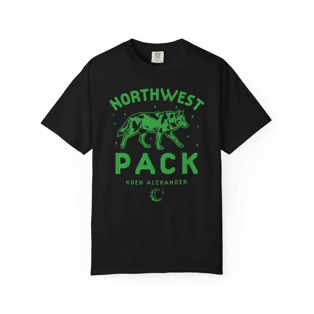 Black Comfort Colors graphic tee featuring a green wolf and Northwest Pack lettering, inspired by Ali Hazelwood's Mate. Thtgrlreads licensed bookish apparel from the Tees collection
