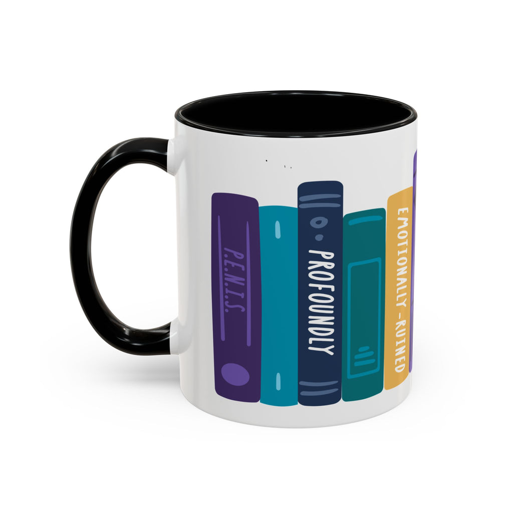 A white ceramic mug with a black handle and rim, featuring a colorful graphic of vertical book spines labeled "PEAKS," "PROFOUNDLY," and "EMOTIONALLY RUINED" in a playful, bold font.