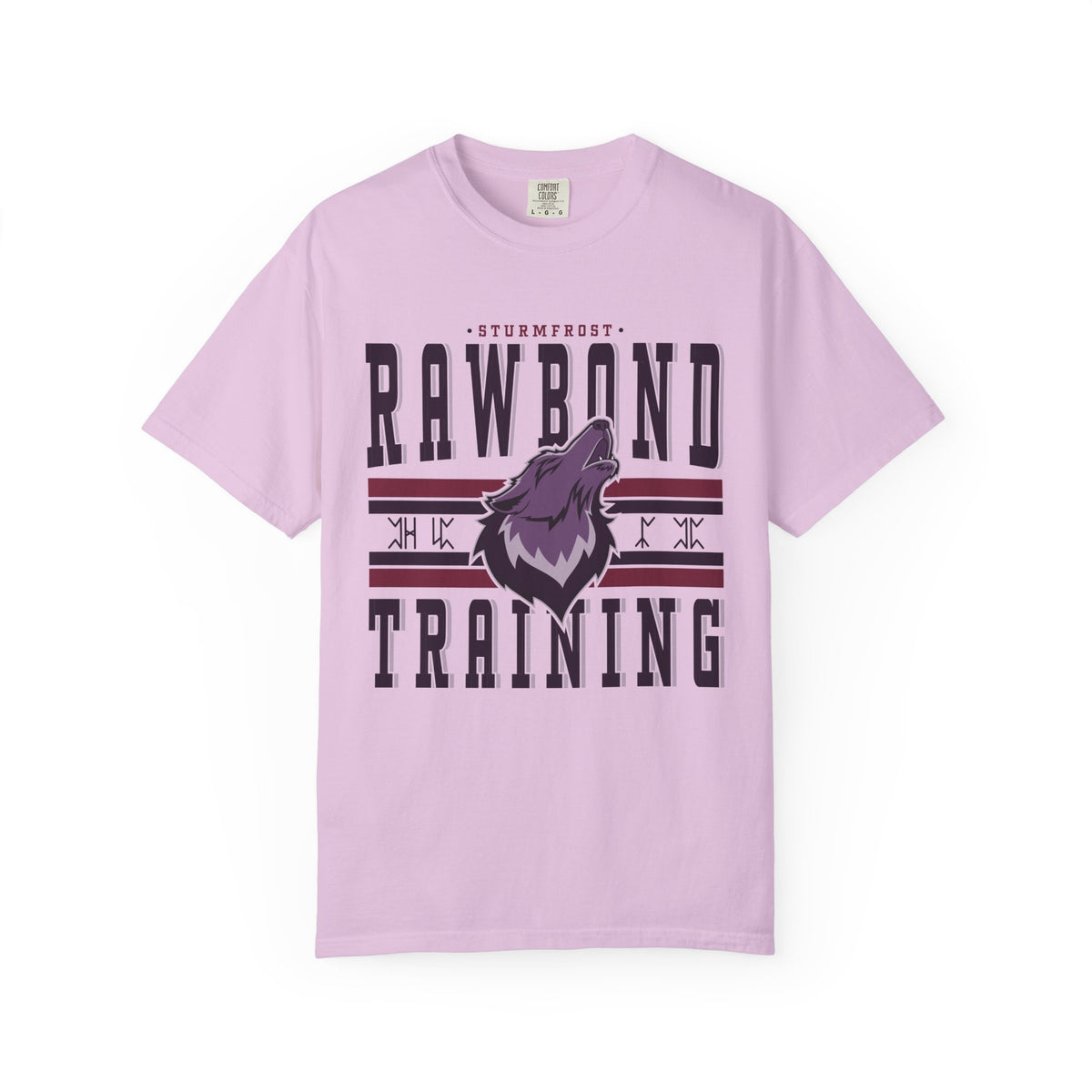 A vintage wash Comfort Colors graphic tee in soft lavender from thtgrlreads featuring a bold "Rawbond Training" design with a stylized howling wolf, part of the Wolves of Ruin collection.