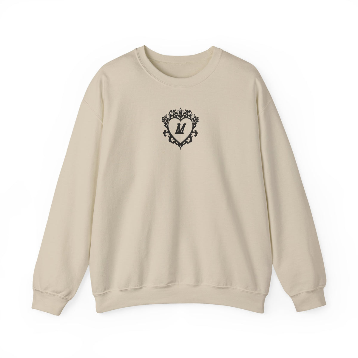 thtgrlreads cream Comfort Colors oversized crewneck sweatshirt featuring a black vintage-style ornate heart design with a bold letter M in the center on the chest