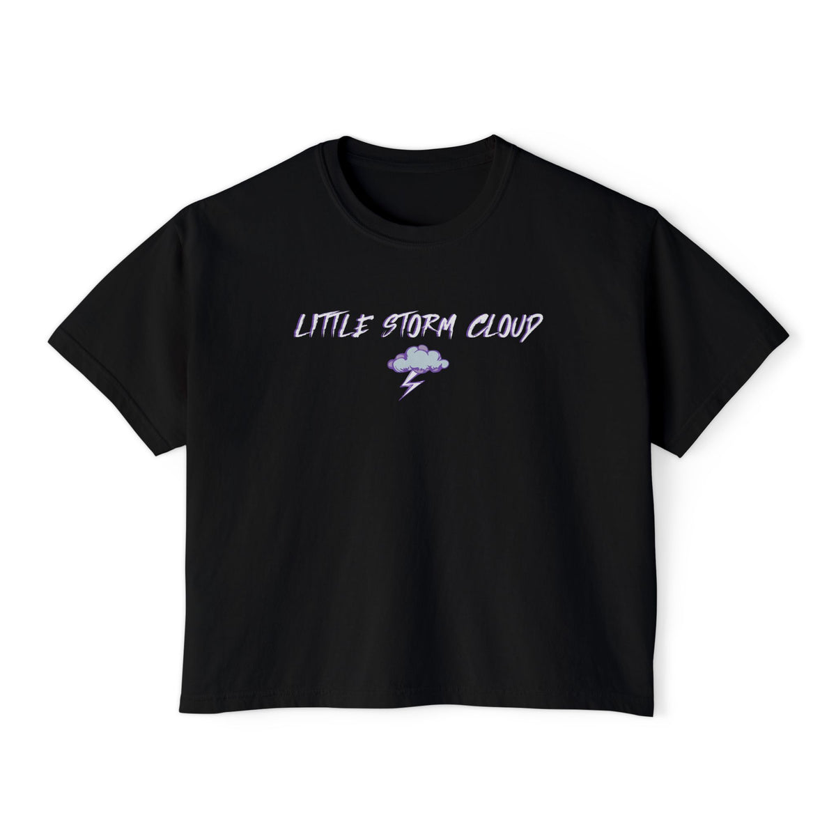 thtgrlreads Lady of Darkness & Legacy Series black Comfort Colors crop top featuring a vintage puff print graphic with a small storm cloud and lightning bolt above stylized text reading "Little Storm Cloud