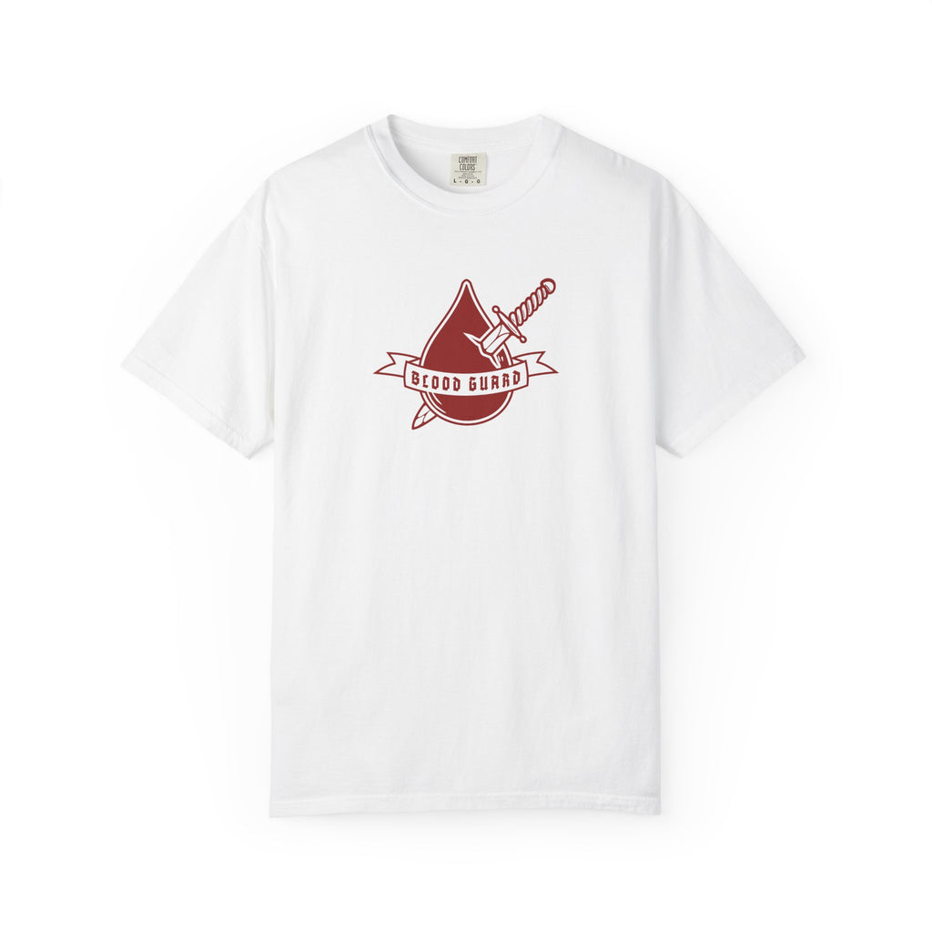 Thtgrlreads Bloodwing Academy comfort colors graphic tee in white featuring a vintage-wash look and a minimalist red dagger and blood drop design with "Blood Guard" text.