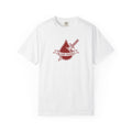 Thtgrlreads Bloodwing Academy comfort colors graphic tee in white featuring a vintage-wash look and a minimalist red dagger and blood drop design with "Blood Guard" text.