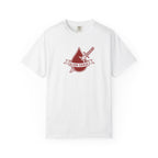 Thtgrlreads Bloodwing Academy comfort colors graphic tee in white featuring a vintage-wash look and a minimalist red dagger and blood drop design with "Blood Guard" text.