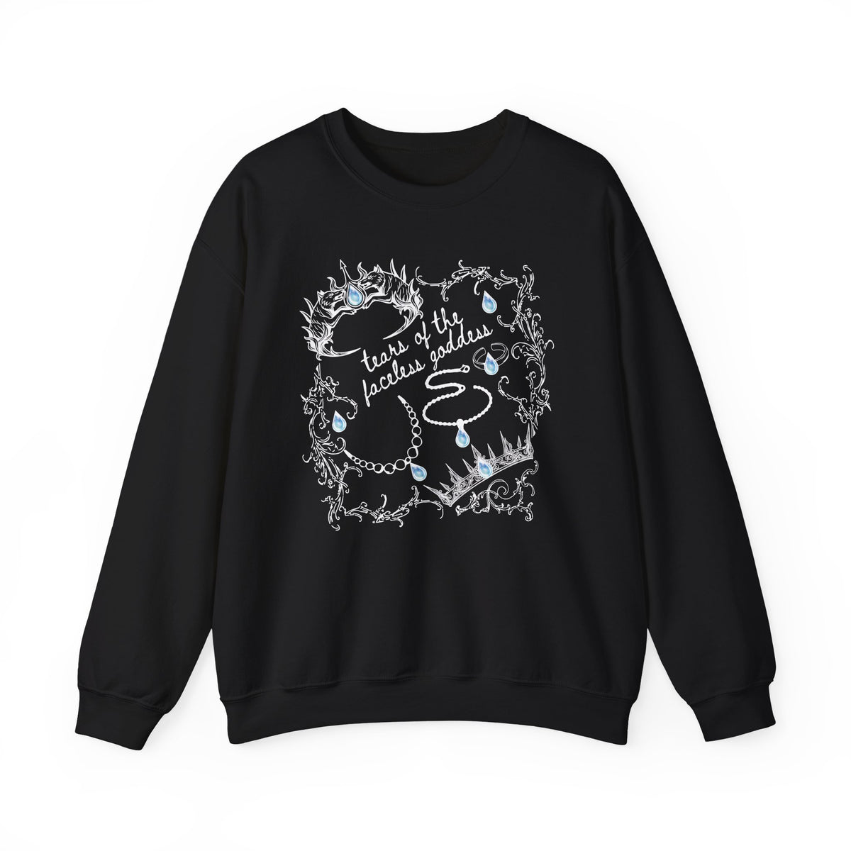 thtgrlreads Wolves of Ruin collection features this black oversized crewneck sweatshirt by Printify with vintage-style graphic of crowns and teardrops framing handwritten text, combining comfort colors fabric with romantasy bookish appeal.