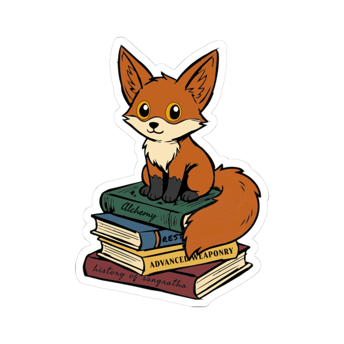Sticker from Bloodwing Academy collection by thtgrlreads featuring an adorable fox sitting atop a stack of fantasy-themed books, perfect for romance and fantasy fans.