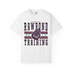 White Comfort Colors graphic tee from thtgrlreads featuring Wolves of Ruin collection, with bold "Rawbond Training" text and a stylized howling wolf graphic.