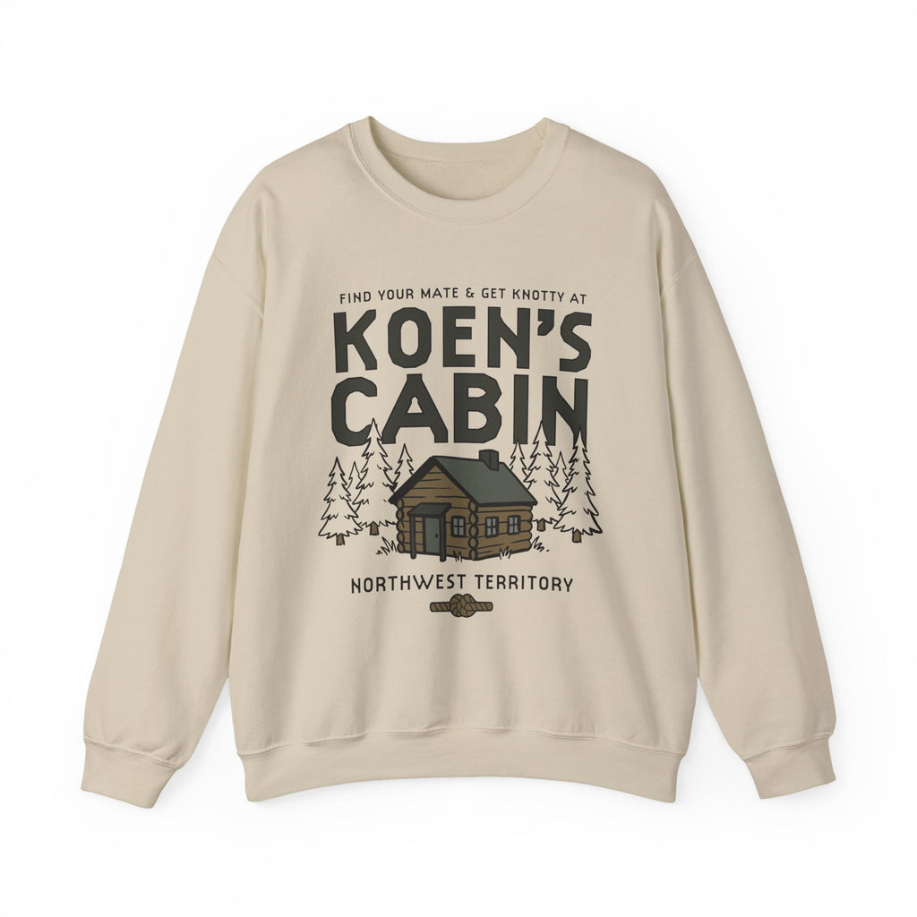 Cream Koens Cabin crewneck sweatshirt with a cabin and pine tree graphic, inspired by Ali Hazelwood, from Thtgrlreads licensed bookish apparel collection