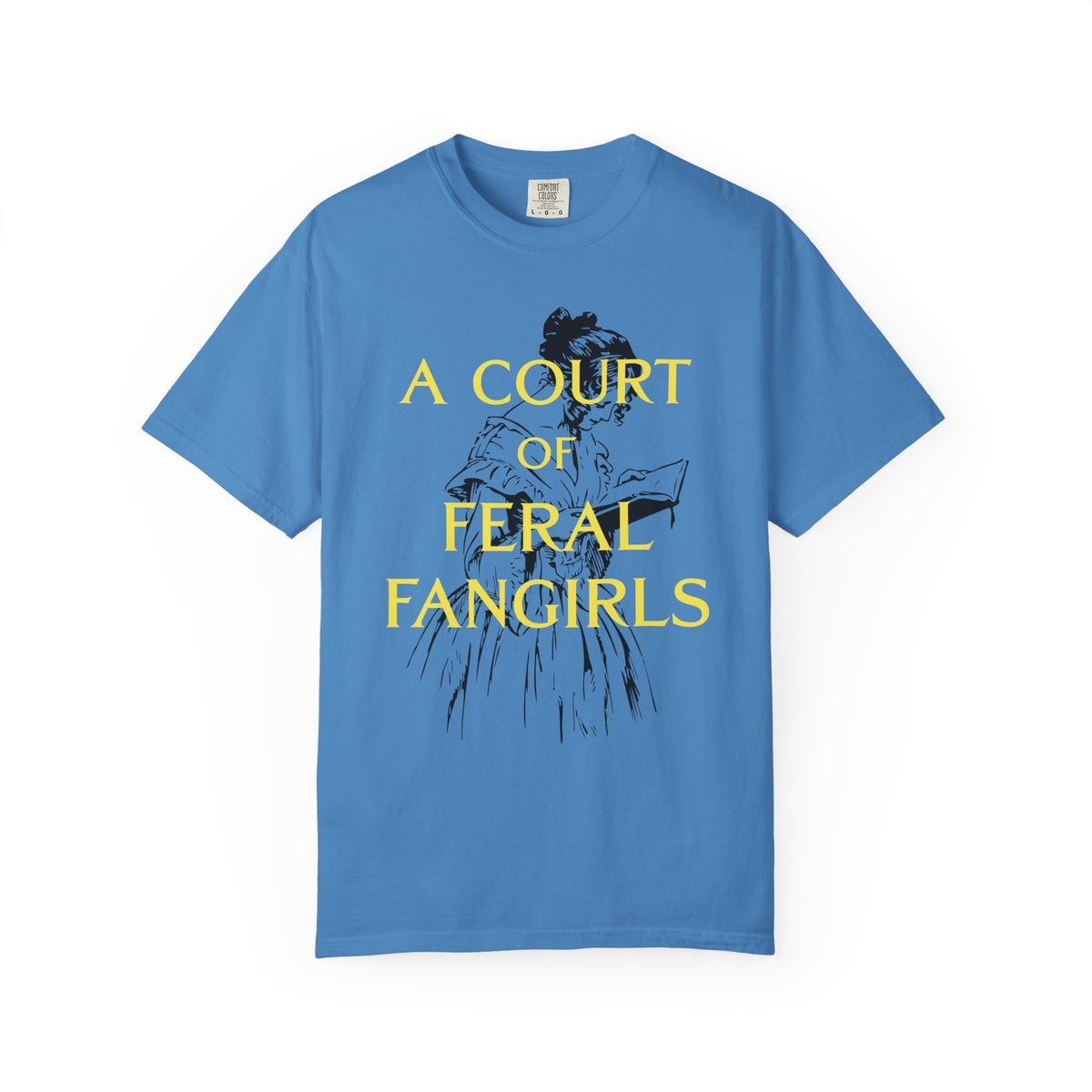 Comfort Colors graphic tee in vintage blue from thtgrlreads featuring a black sketch of a woman reading and bold yellow text "A COURT OF FERAL FANGIRLS" from the Off Brand, Tees, and Book Bestie collections.
