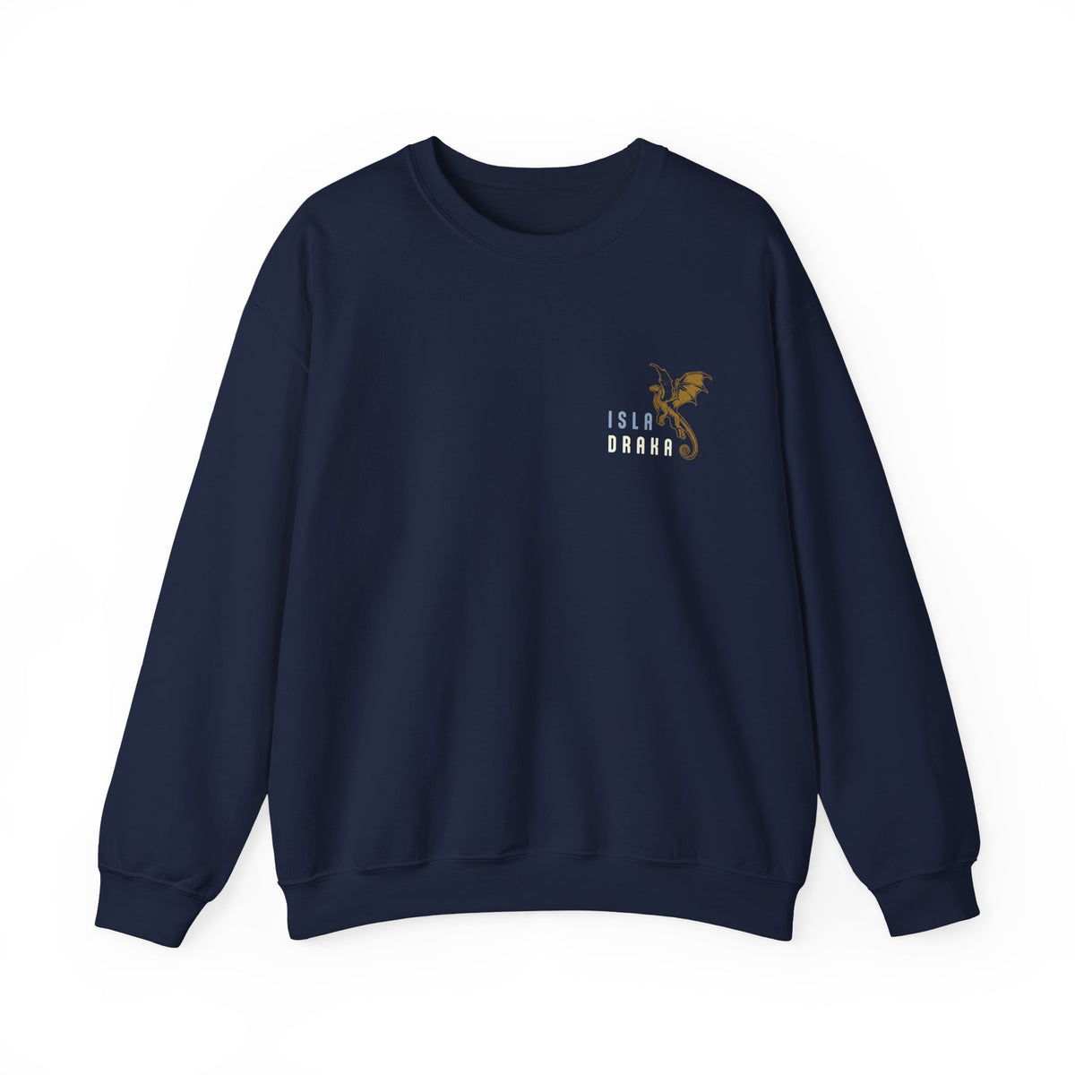 thtgrlreads Blood Bound collection oversized crewneck sweatshirt in navy blue by Printify featuring a small golden dragon graphic and Isla Draka text on chest in vintage wash Comfort Colors fabric