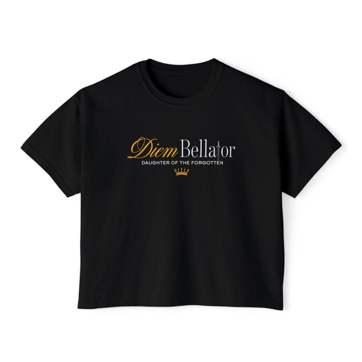 Kindred's Curse Saga crop top by thtgrlreads featuring a vintage black Comfort Colors fabric with elegant gold and white script text and a small crown graphic on the front.
