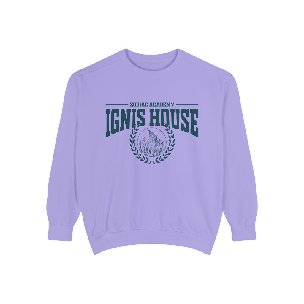 Zodiac Academy crewneck sweatshirt by thtgrlreads featuring a vintage-wash lilac Comfort Colors base with bold Ignis House graphic and laurel wreath print, perfect for bookish merch fans.