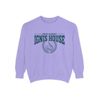 Zodiac Academy crewneck sweatshirt by thtgrlreads featuring a vintage-wash lilac Comfort Colors base with bold Ignis House graphic and laurel wreath print, perfect for bookish merch fans.