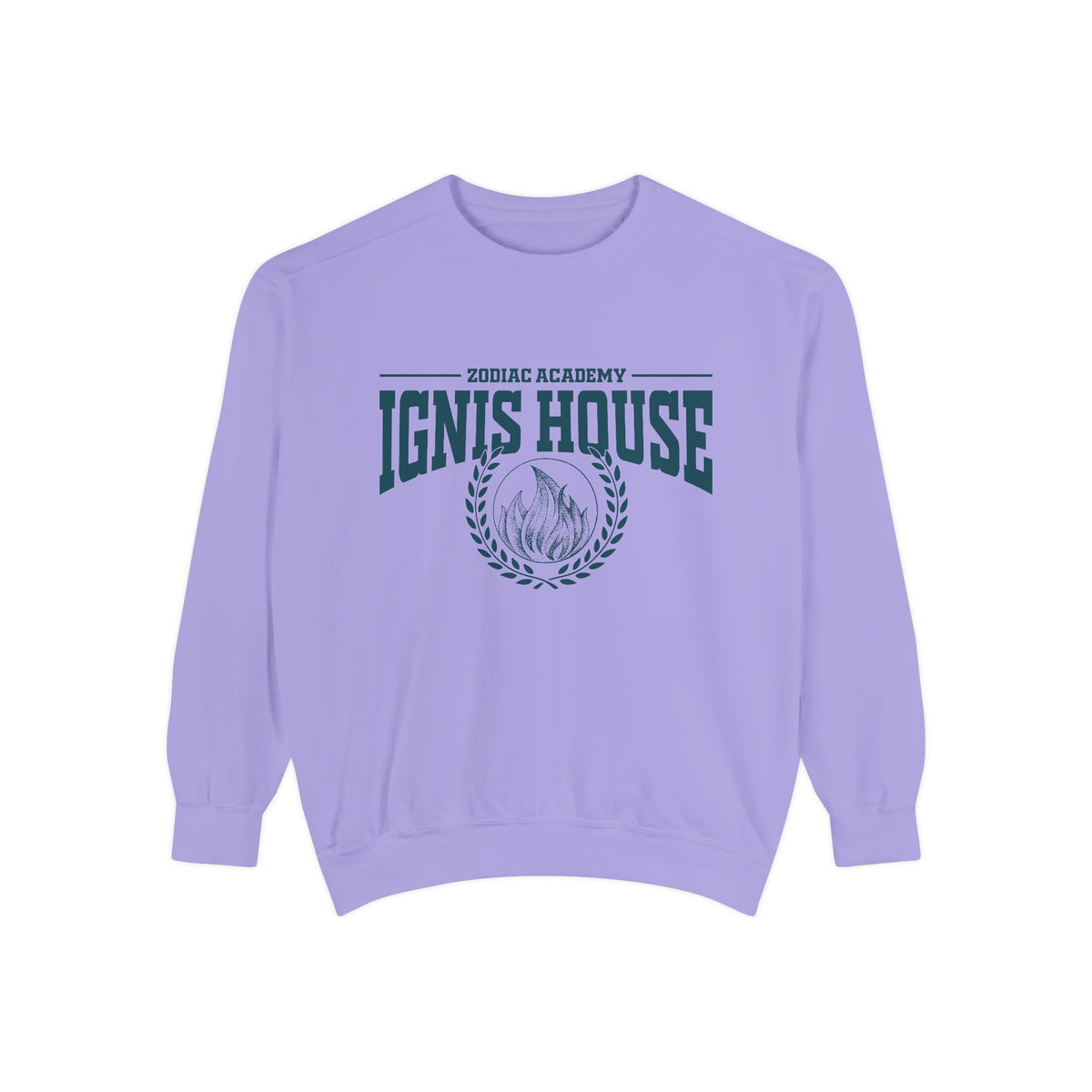 Zodiac Academy crewneck sweatshirt by thtgrlreads featuring a vintage-wash lilac Comfort Colors base with bold Ignis House graphic and laurel wreath print, perfect for bookish merch fans.