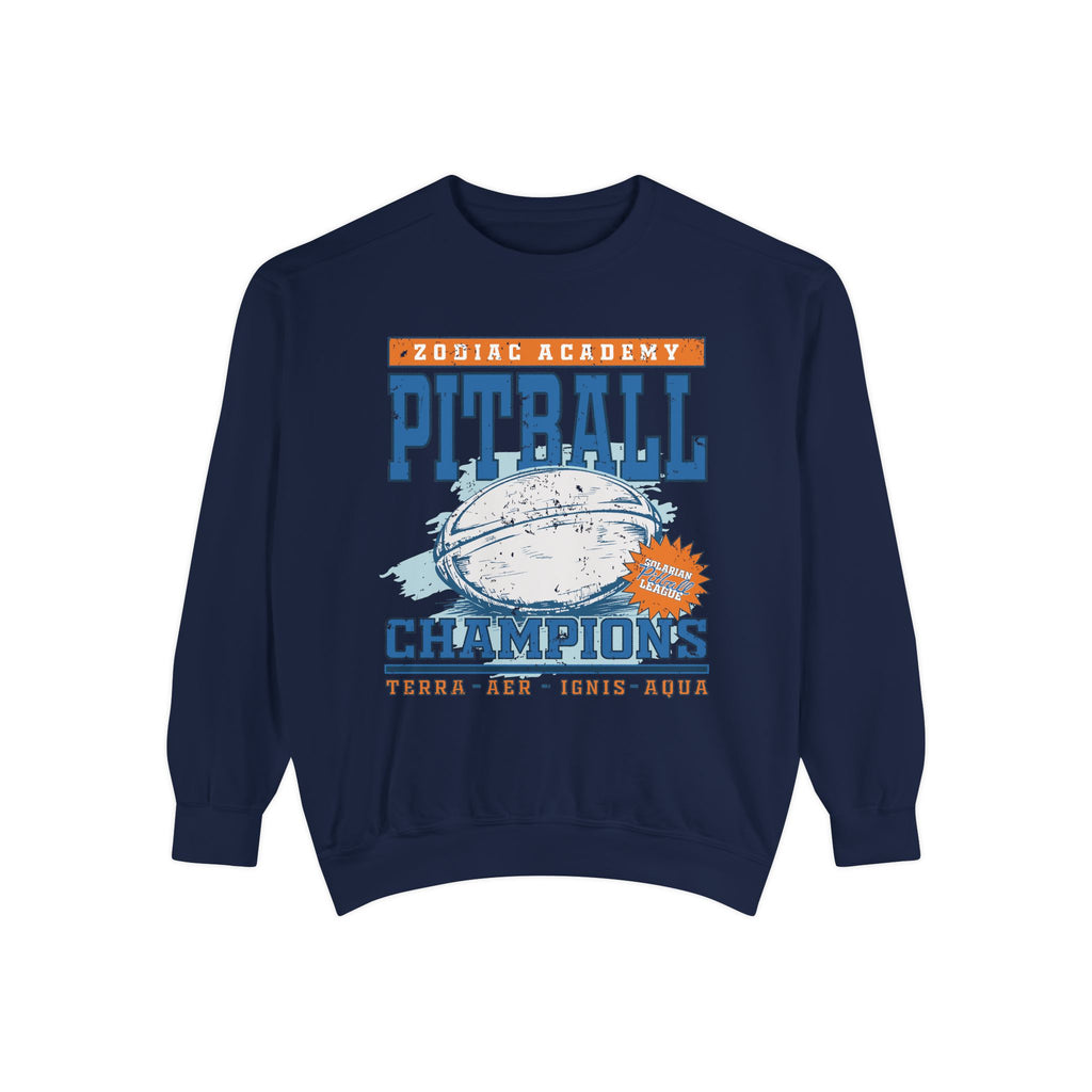 Zodiac Academy-themed oversized crewneck sweatshirt from thtgrlreads featuring vintage puff print of a rugby ball with "Pitball Champions" text and elemental names on a navy Comfort Colors base.