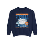 Zodiac Academy-themed oversized crewneck sweatshirt from thtgrlreads featuring vintage puff print of a rugby ball with "Pitball Champions" text and elemental names on a navy Comfort Colors base.