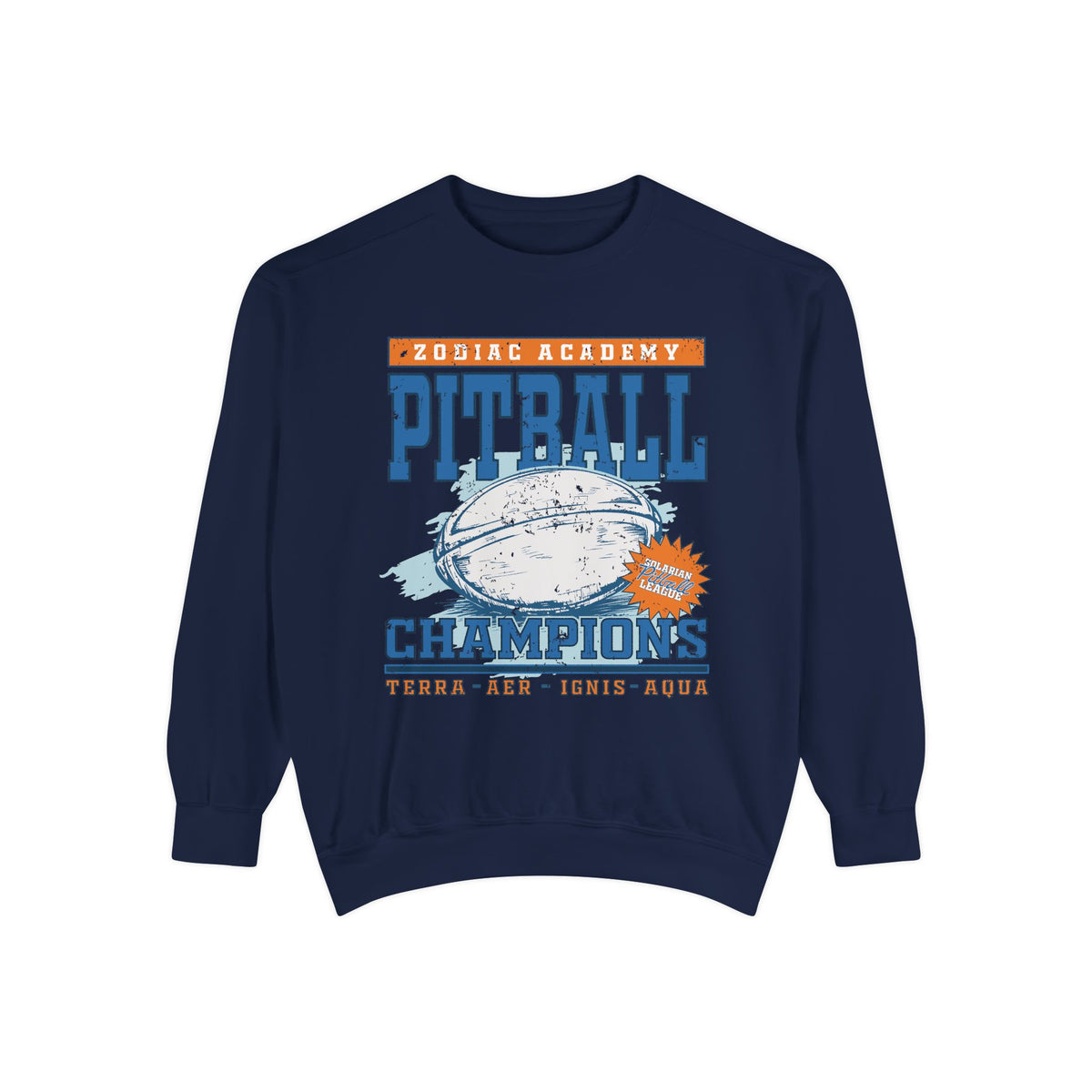 Zodiac Academy-themed oversized crewneck sweatshirt from thtgrlreads featuring vintage puff print of a rugby ball with "Pitball Champions" text and elemental names on a navy Comfort Colors base.