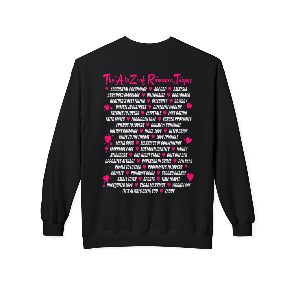 Thtgrlreads A-Z of Romance Tropes sweatshirt from Book Bestie and Crewnecks collections features a cozy vintage-washed black crewneck with pink and white romantic trope text in a playful, bold font.