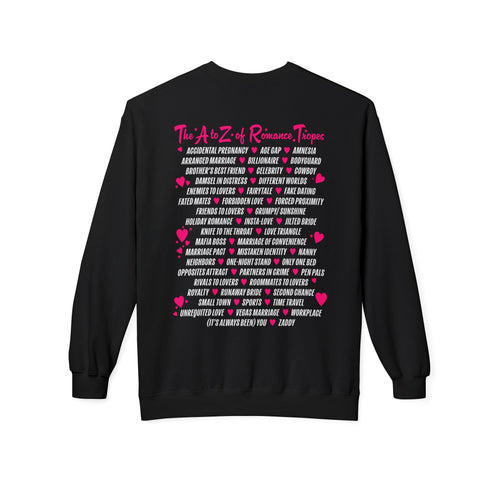 Thtgrlreads A-Z of Romance Tropes sweatshirt from Book Bestie and Crewnecks collections features a cozy vintage-washed black crewneck with pink and white romantic trope text in a playful, bold font.
