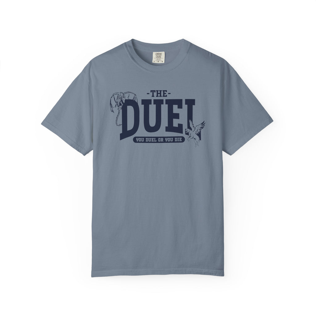 Blood Bound collection Comfort Colors graphic tee by thtgrlreads featuring a vintage wash, ring-spun cotton unisex fit with dark blue printed text "The Duel" and phrase "You Duel Or You Die" from Printify.
