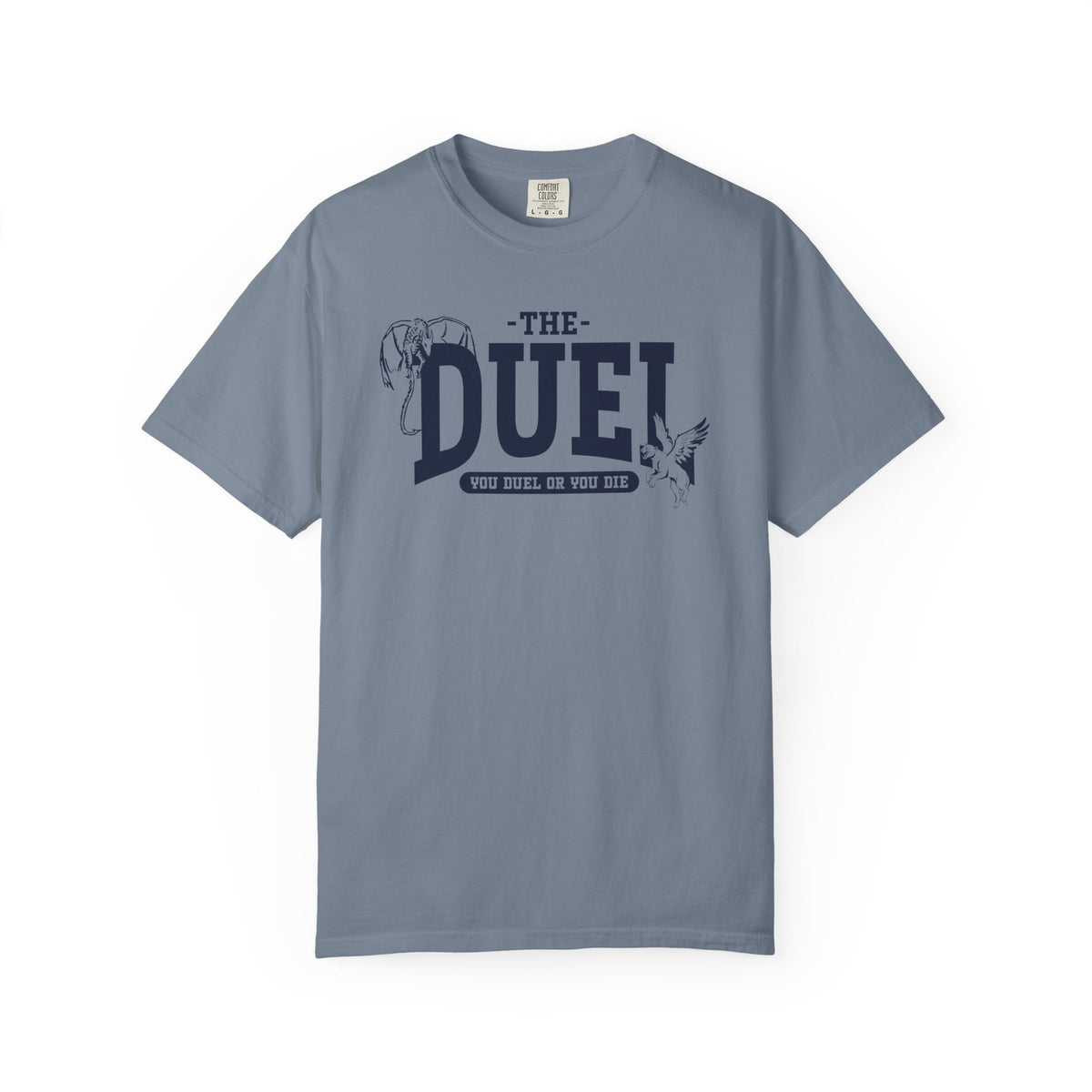 Blood Bound collection Comfort Colors graphic tee by thtgrlreads featuring a vintage wash, ring-spun cotton unisex fit with dark blue printed text "The Duel" and phrase "You Duel Or You Die" from Printify.