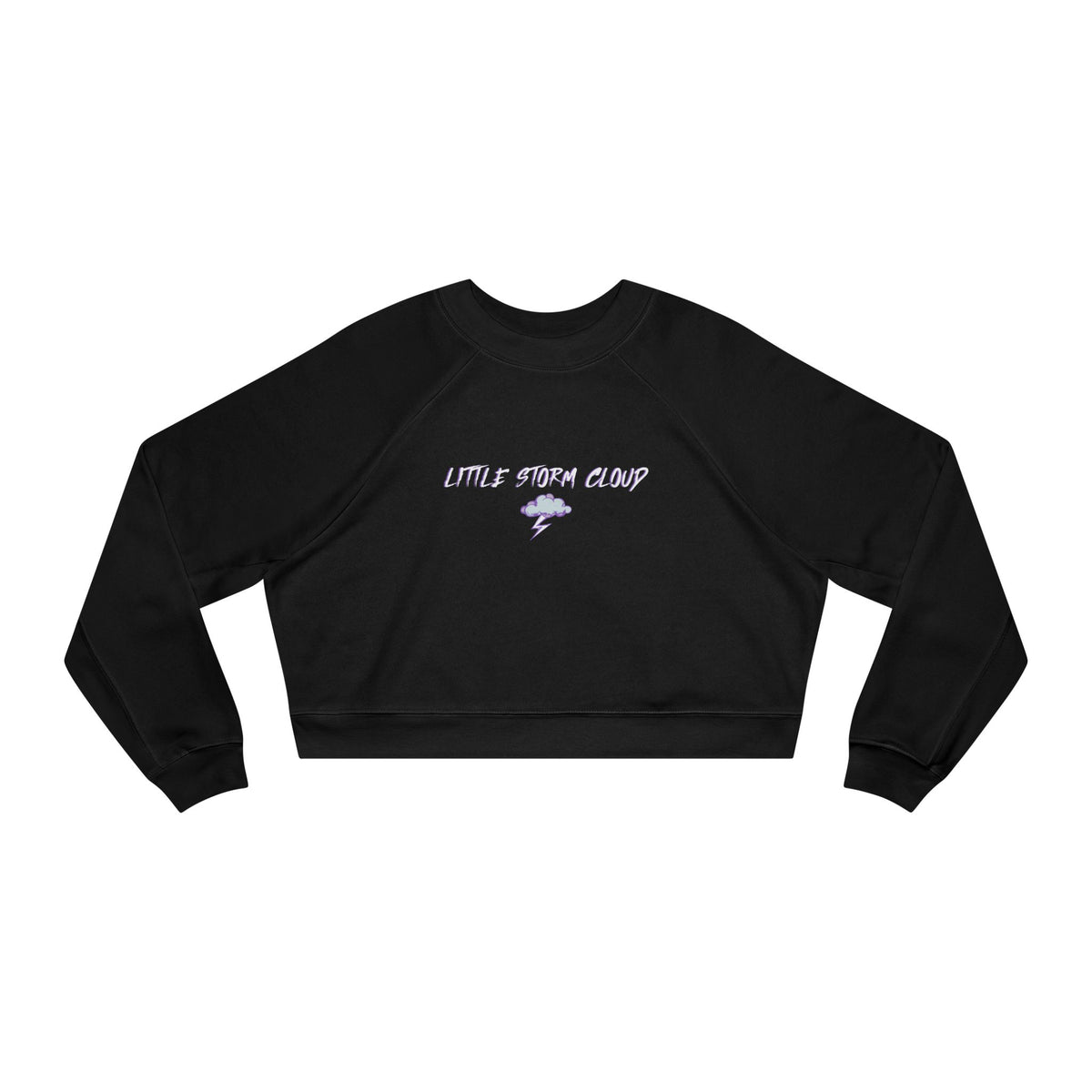 Thtgrlreads Lady of Darkness & Legacy Series cropped sweatshirt in black Comfort Colors fabric featuring a small vintage-style purple storm cloud and lightning graphic with "Little Storm Cloud" text.