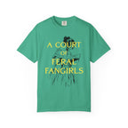 Thtgrlreads Comfort Colors graphic tee from the Off Brand and Book Bestie collections featuring vintage wash and bold yellow text "A Court of Feral Fangirls" with an illustrated figure reading.
