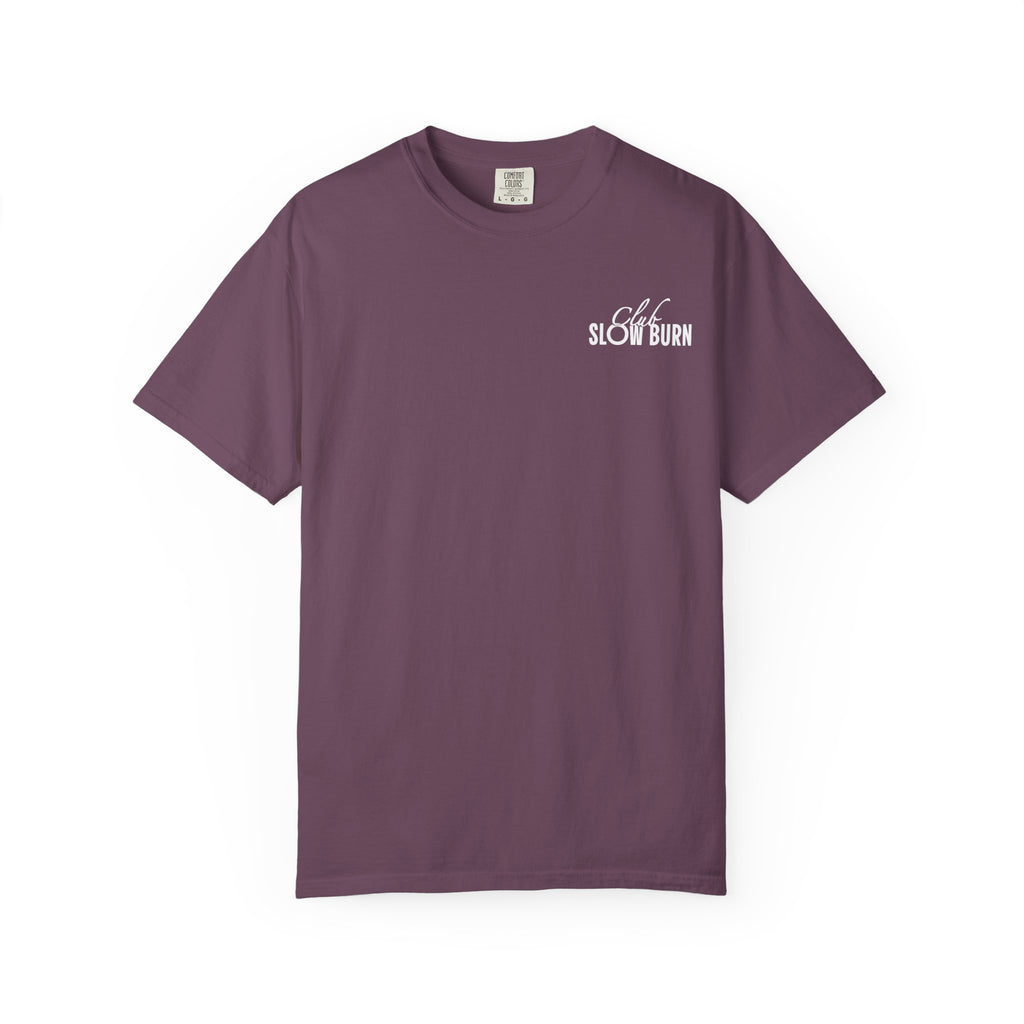Thtgrlreads comfort colors graphic tee in vintage purple featuring a small "Club Slow Burn" white print on the chest, part of the Book Bestie and Tees collections.