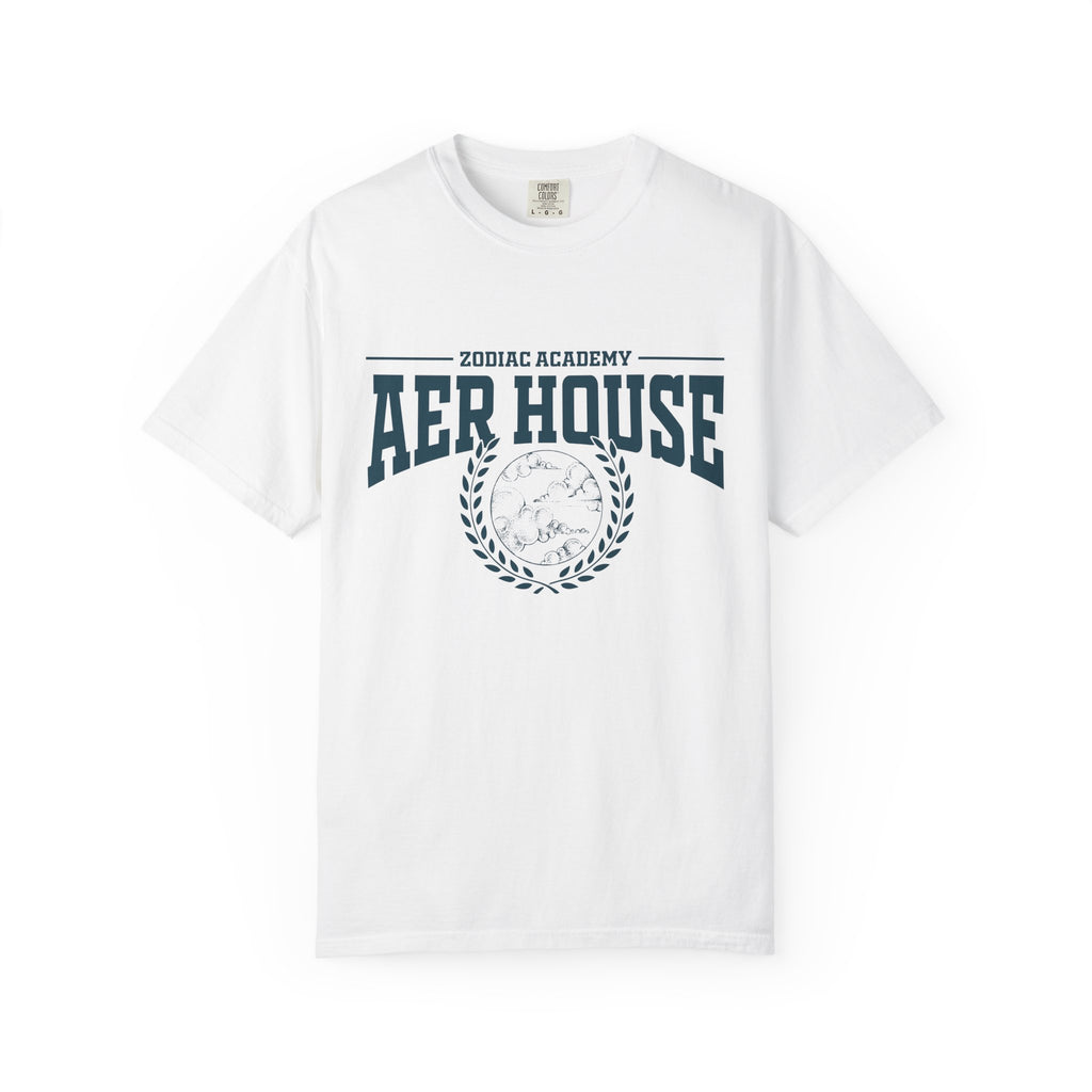 Zodiac Academy Aer House tee from thtgrlreads features a vintage wash Comfort Colors graphic tee in white with bold navy collegiate-style print and laurel wreath design.